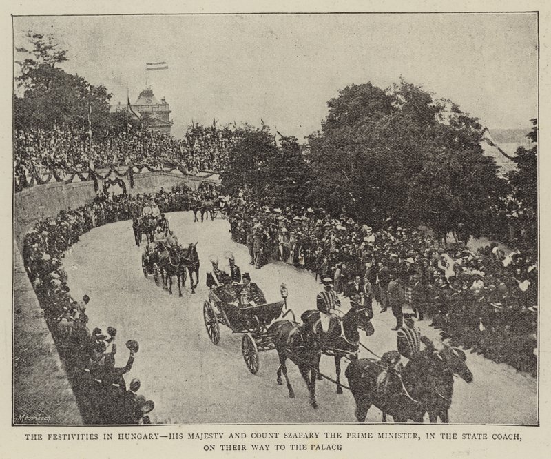 Les festivités en Hongrie, Sa Majesté et le comte Szapary le Premier ministre, dans le carrosse d