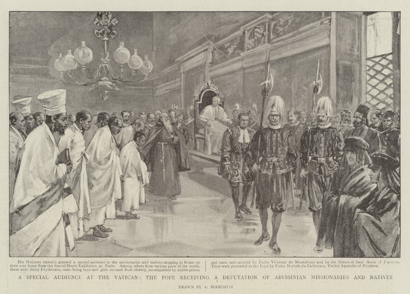 Audience spéciale au Vatican, le Pape recevant une délégation de missionnaires et de natifs abyssiniens (lithographie) - (after) Italian School