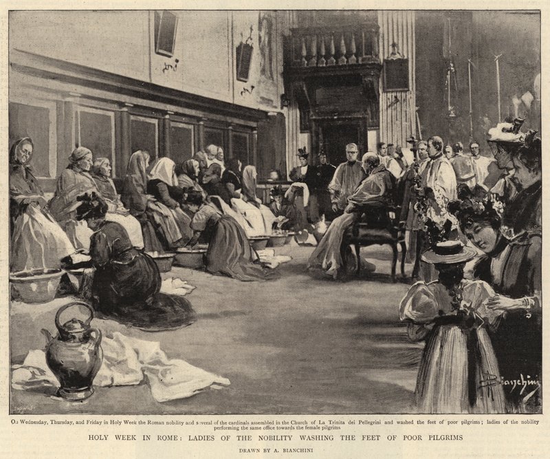 Semaine Sainte à Rome, dames de la noblesse lavant les pieds des pauvres pèlerins (lithographie) - (after) Italian School