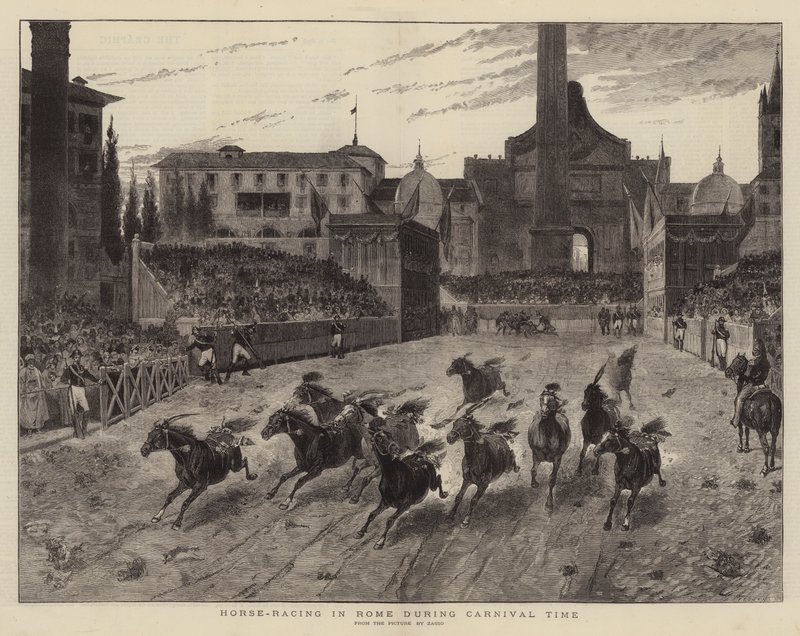 Courses de chevaux à Rome pendant le carnaval (gravure) - (after) Italian School