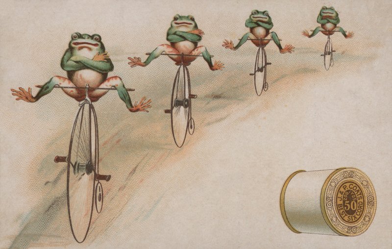 Grenouilles faisant des tours en vélocipède, publicité pour le coton J & P Coats - American School
