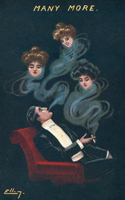 Homme fumant rêvant de trois filles - American School