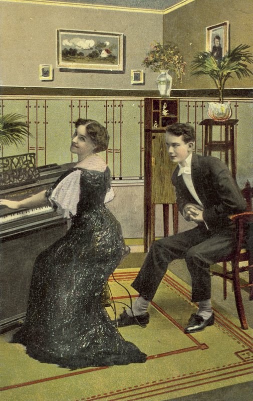 Jeune homme admirant une jolie fille jouant du piano - American School