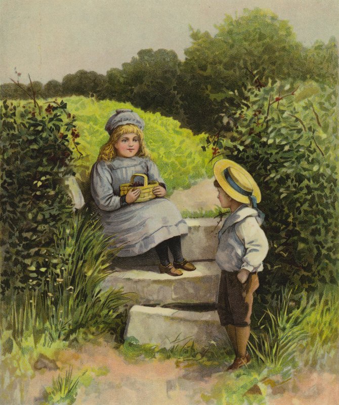 Enfants à la campagne avec un panier de fruits - English School