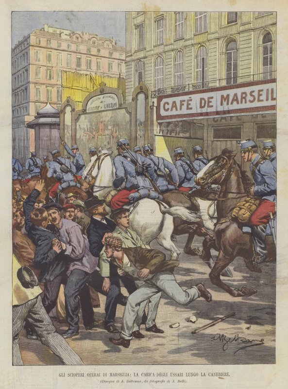 Les grèves ouvrières de Marseille, la charge des hussards le long de la Canebière - Achille Beltrame