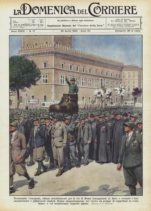 Trente mille bottes défilent triomphalement dans les rues de Rome en acclamant le Duce et portant leurs ? - Achille Beltrame