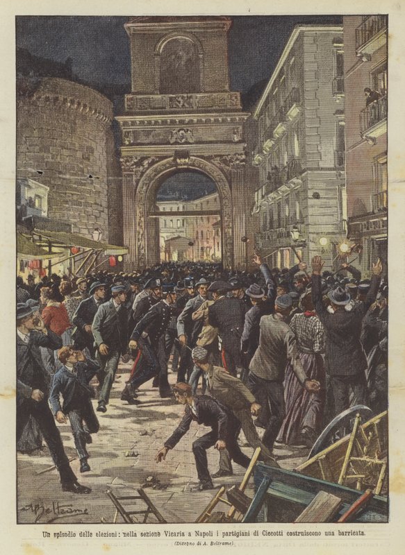 Un épisode des élections, dans la section Vicaria à Naples, les partisans de Ciecotti construisent une barricade - Achille Beltrame