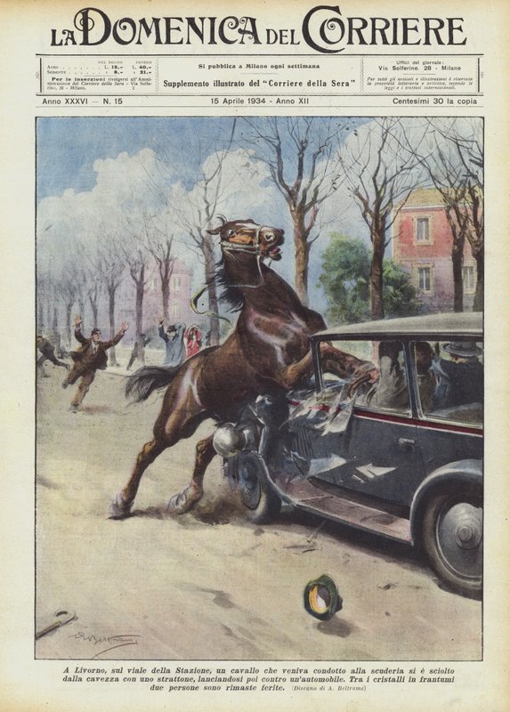 À Livourne, sur le boulevard de la Gare, un cheval conduit à l