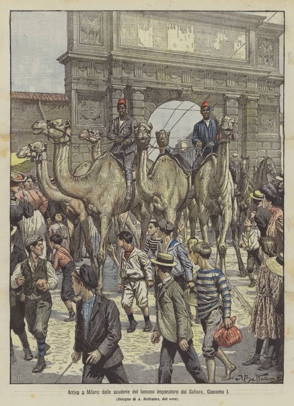 Arrivée à Milan des écuries du célèbre empereur du Sahara, Giacomo I - Achille Beltrame
