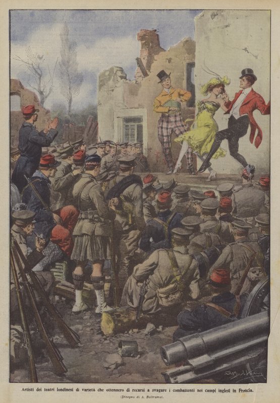 Artistes des théâtres londoniens de variété divertissant les combattants sur le front - Achille Beltrame
