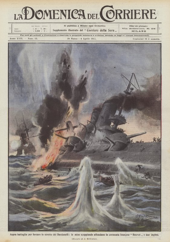 Bataille acharnée pour forcer le détroit des Dardanelles, les mines explosant coulent le cuirassé - Achille Beltrame