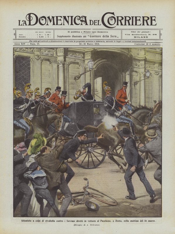 Attentat à coups de revolver contre les Souverains en voiture vers le Panthéon, à Rome, le matin du 14 mars - Achille Beltrame