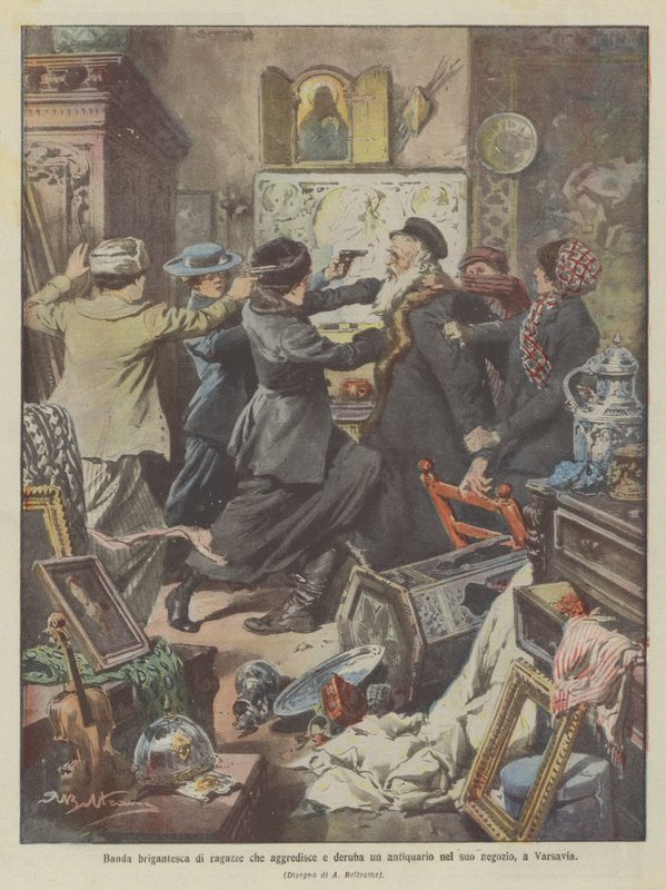 Bande de brigands composée de filles attaquant et volant un antiquaire dans son magasin, à Varsovie - Achille Beltrame