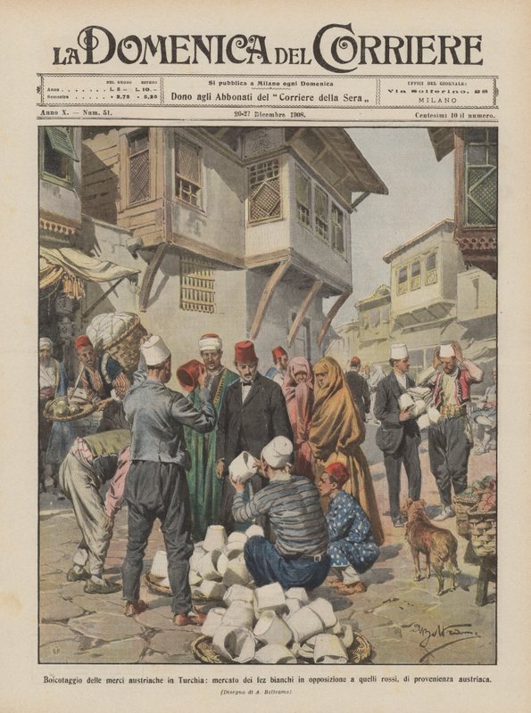 Boycott des marchandises autrichiennes en Turquie, marché des fez blancs en opposition - Achille Beltrame