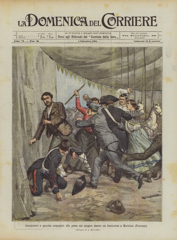 Carabiniers et gardes champêtres aux prises avec des gitans dans une baraque à Mortizza (Plaisance) - Achille Beltrame