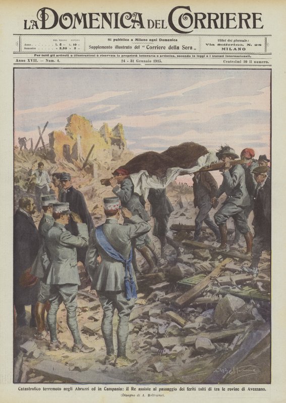 Catastrophique tremblement de terre dans les Abruzzes et en Campanie, le Roi assiste au passage des blessés retirés - Achille Beltrame