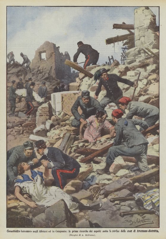 Catastrophique tremblement de terre dans les Abruzzes et en Campanie, les premières recherches des enterrés sous les ruines - Achille Beltrame