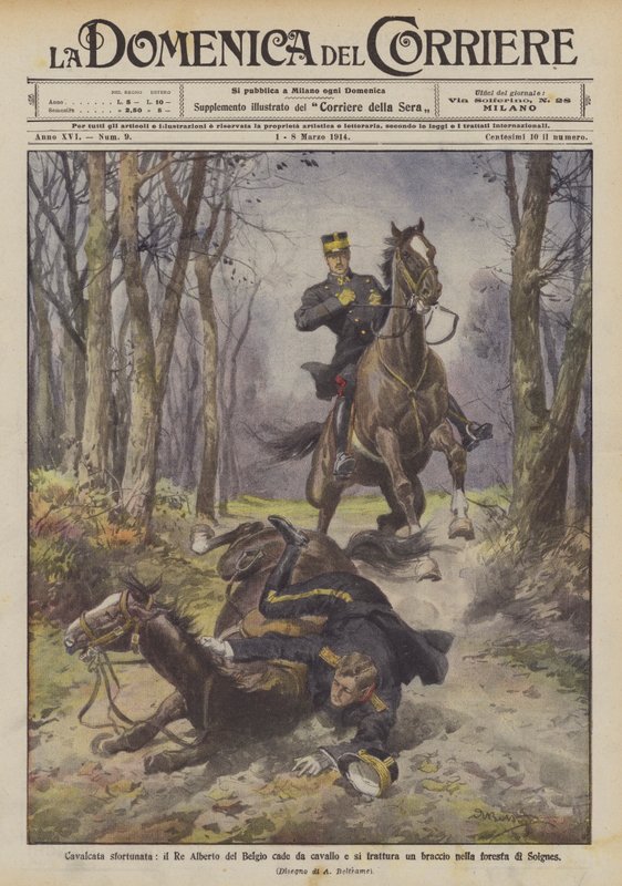 Cavalcade malheureuse, le roi Albert de Belgique tombe de cheval et se fracture un bras dans la forêt de Soignes - Achille Beltrame