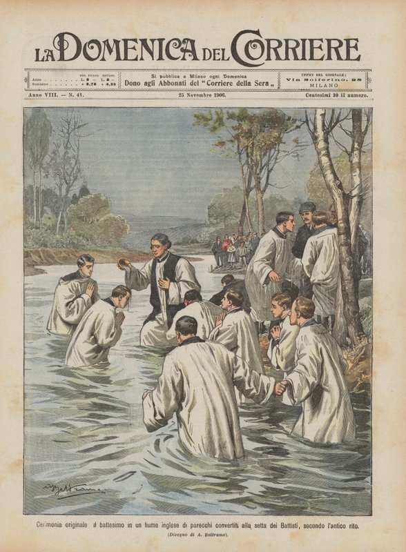 Cérémonie originale, le baptême dans une rivière anglaise de plusieurs convertis à une secte - Achille Beltrame