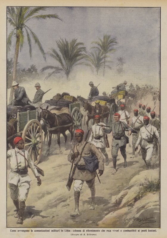 Comment se font les communications militaires en Libye, colonne de ravitaillement apportant des vivres - Achille Beltrame