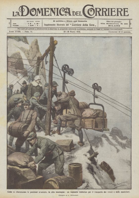 Comment les positions avancées sont ravitaillées, en haute montagne, une installation de téléphérique - Achille Beltrame