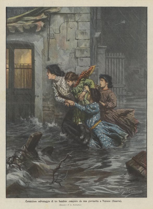 Sauvetage courageux de trois petites filles par une jeune fille à Varazze (Gênes) - Achille Beltrame