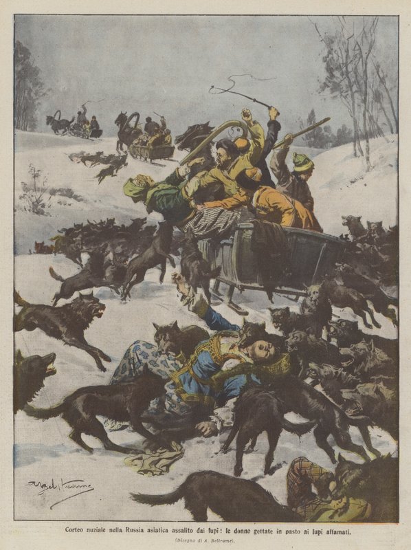 Cortège nuptial dans la Russie asiatique attaqué par des loups, les femmes jetées en pâture aux loups affamés - Achille Beltrame