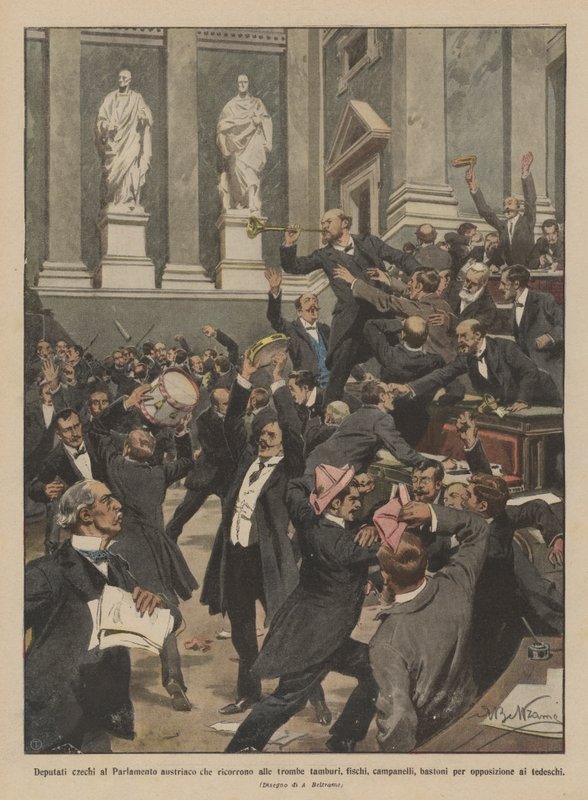 Députés tchèques au Parlement autrichien utilisant des trompettes, tambours, sifflets, clochettes - Achille Beltrame