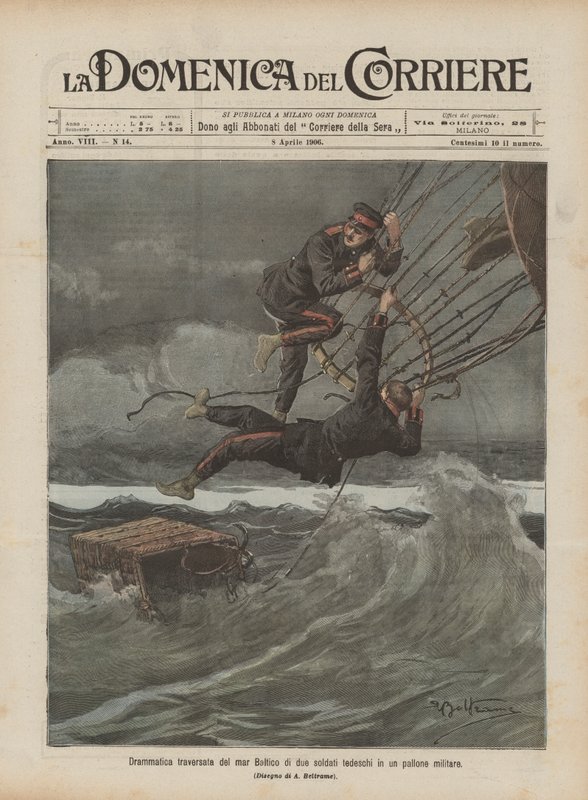 Traversée dramatique de la mer Baltique par deux soldats allemands dans un ballon militaire - Achille Beltrame