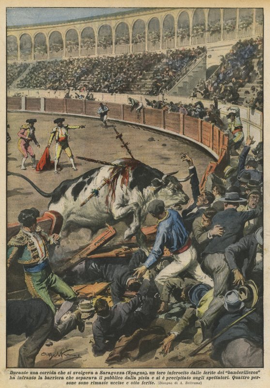 Pendant une corrida à Saragosse (Espagne), un taureau enragé par les blessures des ? - Achille Beltrame