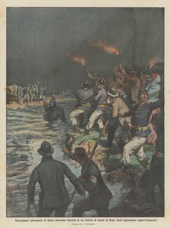 Sauvetage émouvant de charretiers bloqués sur un îlot au milieu de la rivière Serio - Achille Beltrame