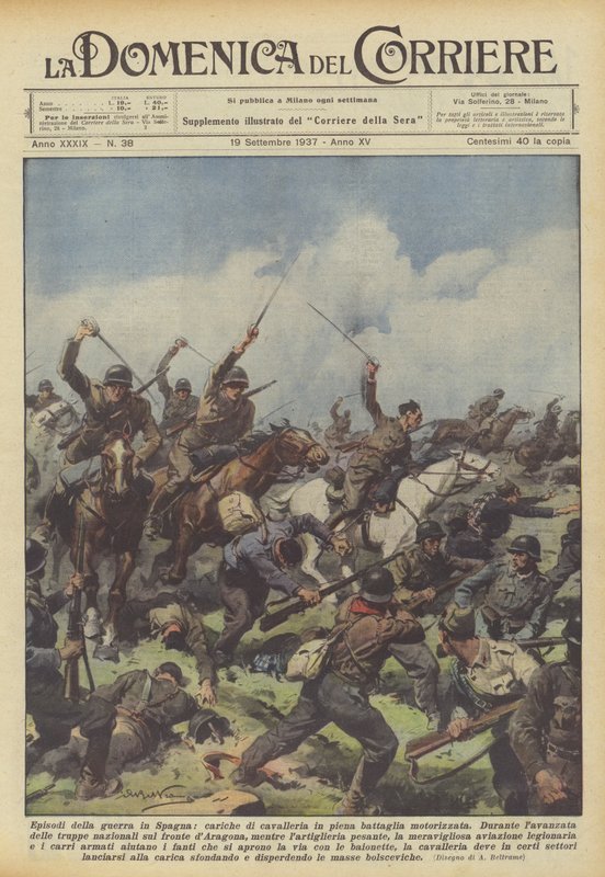 Épisodes de la guerre en Espagne, charges de cavalerie en pleine bataille motorisée - Achille Beltrame