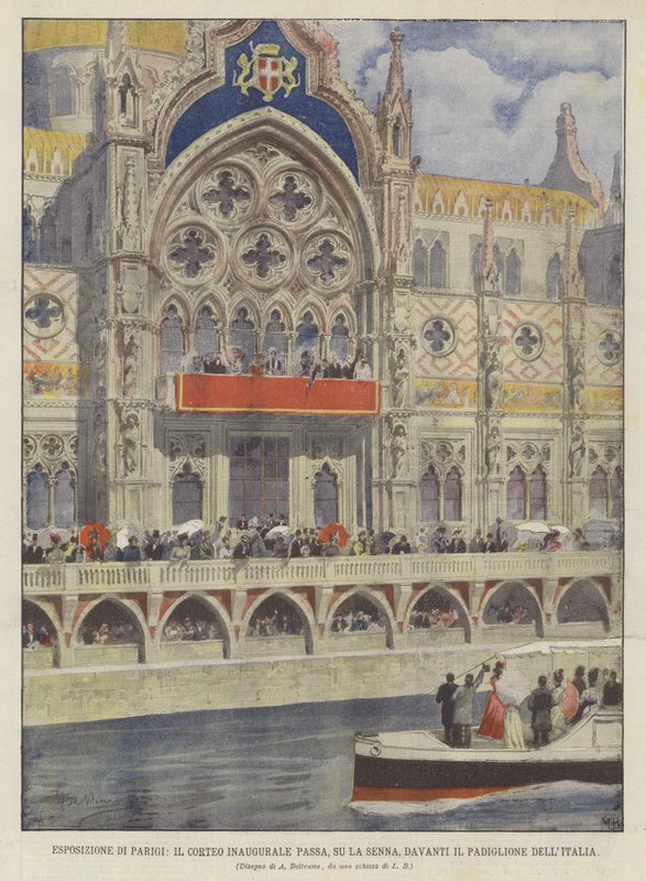 Exposition de Paris, le cortège inaugural passe, sur la Seine, devant le pavillon de l