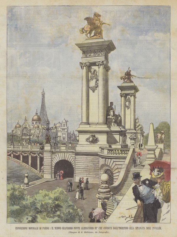 Exposition mondiale de Paris, le nouveau grandiose pont Alexandre III qui conduit de l
