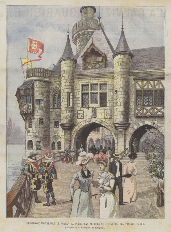 Exposition universelle de Paris, la porte Saint-Michel qui conduit dans le vieux Paris - Achille Beltrame