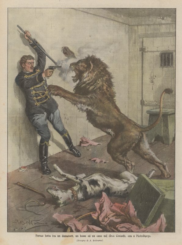 Lutte féroce entre un dompteur, un lion et un chien au cirque Ciniselli à Saint-Pétersbourg - Achille Beltrame