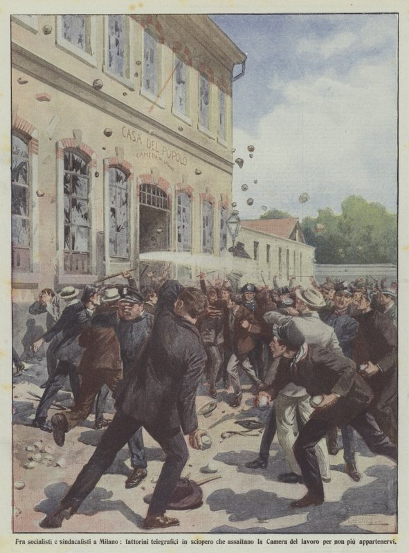 Entre socialistes et syndicalistes à Milan, télégraphistes en grève attaquant la Chambre - Achille Beltrame