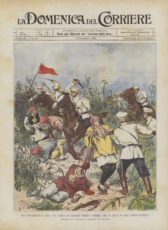 Les événements en Chine, une charge de cosaques contre les Boxers, parmi les champs de maïs, près de Pékin - Achille Beltrame