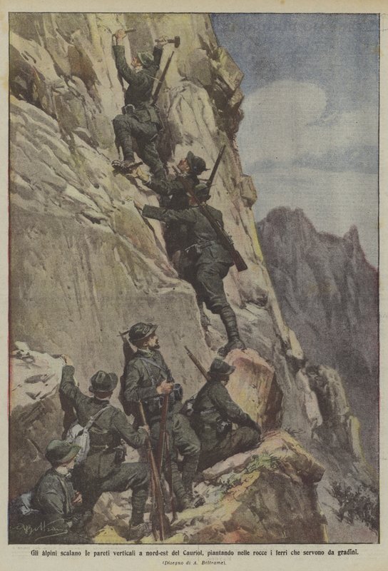 Les alpins escaladent les parois verticales au nord-est du Cauriol, plantant dans les rochers les fers servant de marches - Achille Beltrame