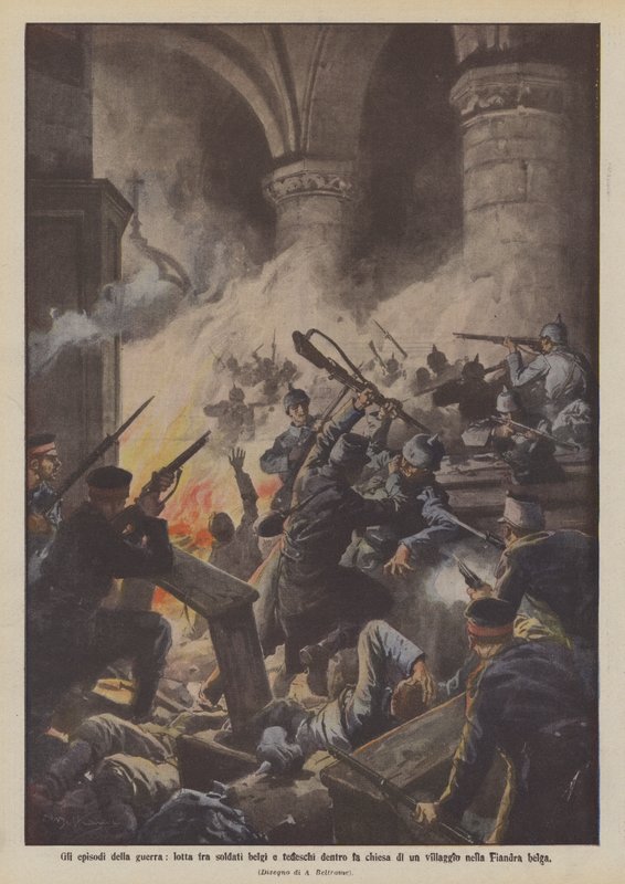 Épisodes de la guerre, lutte entre soldats belges et allemands dans une église de village en Flandre belge - Achille Beltrame