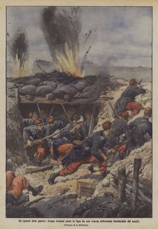 Épisodes de la guerre, troupes françaises mises en fuite par une tranchée souterraine bombardée par les ennemis - Achille Beltrame