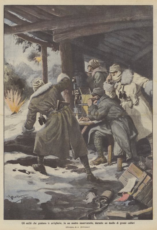 Les yeux qui guident les artilleries, dans un de nos observatoires, pendant un duel de gros calibres - Achille Beltrame