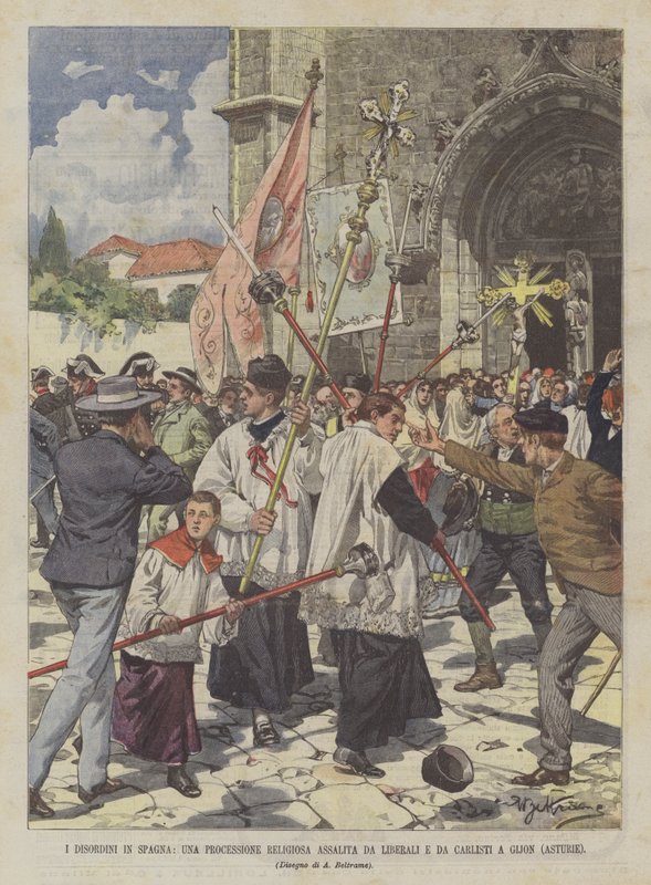Les désordres en Espagne, une procession religieuse attaquée par des libéraux et des carlistes à Gijón (Asturies) - Achille Beltrame