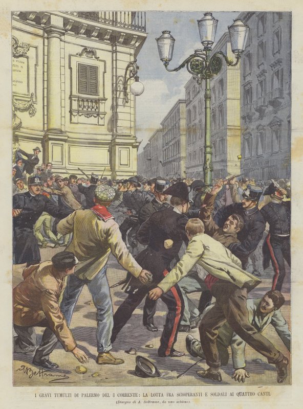 Les graves émeutes de Palerme du 3 courant, la lutte entre grévistes et soldats aux Quattro Canti - Achille Beltrame