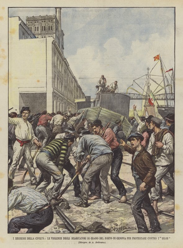 Les régressions de la civilisation, les violences des débardeurs de grain du port de Gênes pour protester contre les silos - Achille Beltrame