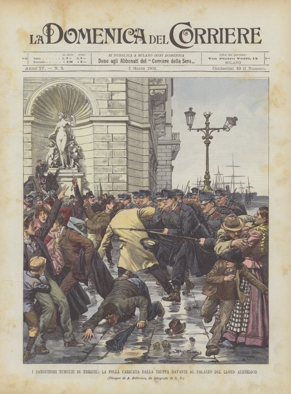 Les sanglantes émeutes de Trieste, la foule chargée par les troupes devant le palais du Lloyd autrichien - Achille Beltrame