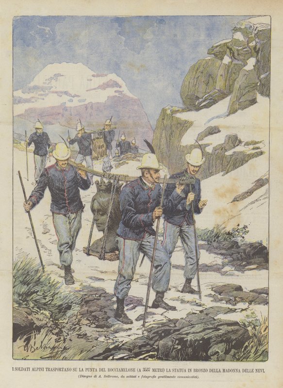 Les soldats alpins transportent au sommet du Rocciamelone (à 3537 mètres) la statue en bronze - Achille Beltrame