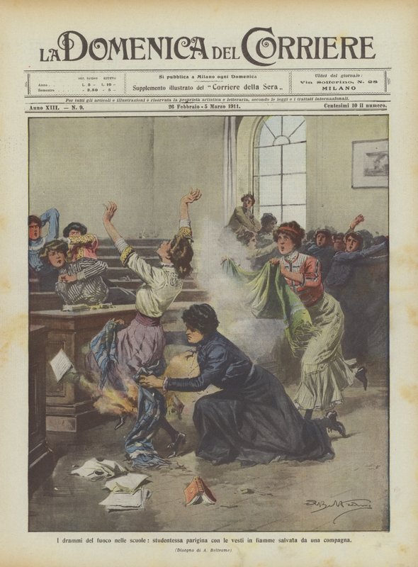 Les drames du feu dans les écoles, une étudiante parisienne avec ses vêtements en flammes sauvée par une camarade - Achille Beltrame