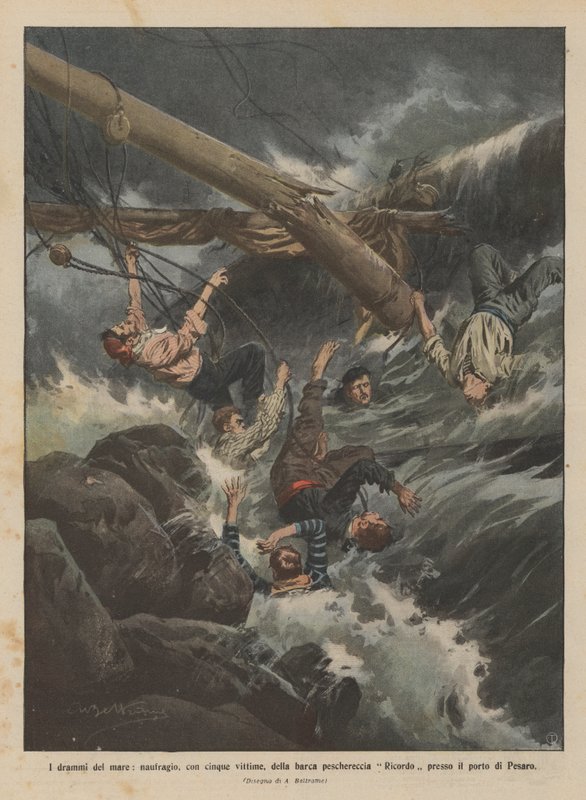 Les drames de la mer, naufrage avec cinq victimes du bateau de pêche Ricordo près du port de Pesaro - Achille Beltrame