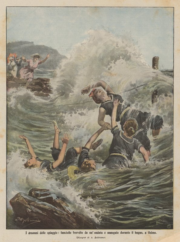 Les drames des plages, jeunes filles emportées par une vague et noyées pendant le bain, à Osimo - Achille Beltrame